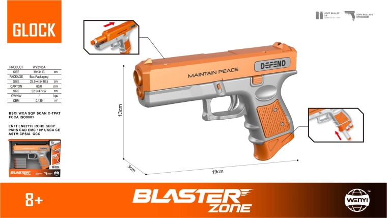 Pistola infantil DEFEND para dardos de espuma naranja