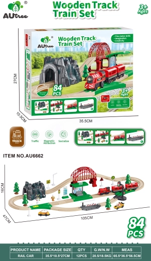 Circuito de tren de madera con elementos de madera, 84 piezas