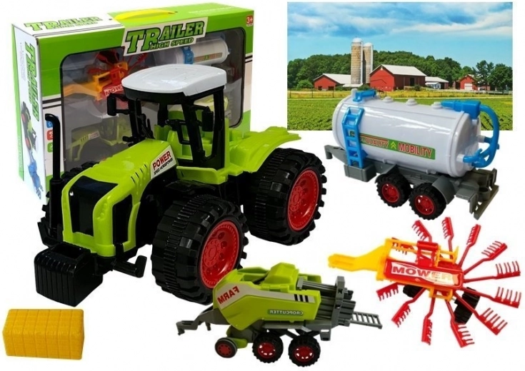 Set de vehículos de granja con tractor, cisterna, rastrillo de heno y empacadora