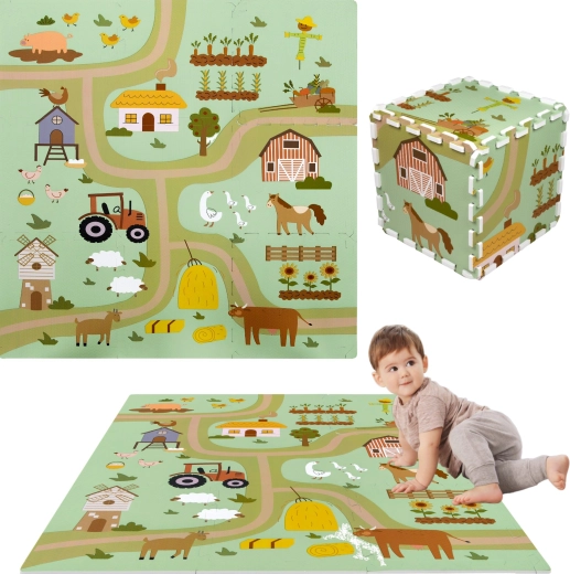 Alfombra de espuma para jugar 90 × 90 cm – puzzle grueso, 9 piezas HUMBI granja y caminos rurales