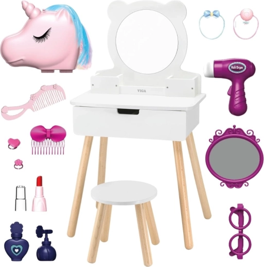 Tocador infantil blanco Viga con espejo y set de accesorios unicornio