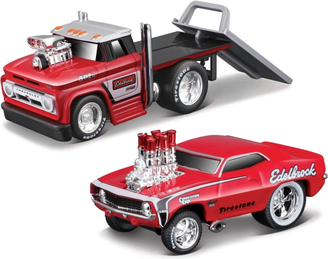 Maisto muscle transports 1966 Chevrolet C60 flatbed con 1969 Chevrolet Camaro SS 1:64