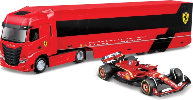 Bburago camión de carreras Ferrari Iveco con remolque y F1 Ferrari SF-24 2024 (Charles Leclerc) 1:43