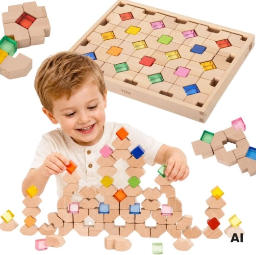VIGA bloques de construcción de madera con elementos acrílicos para jugar con la luz (66 piezas)
