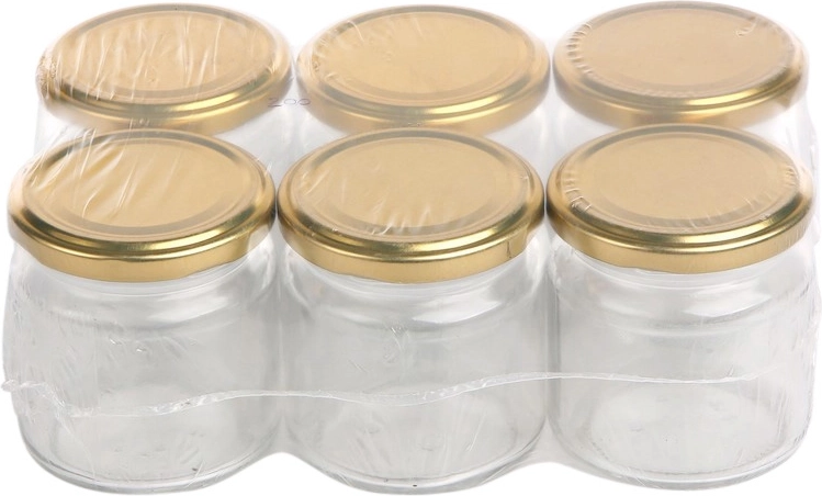 Juego de 6 tarros de conserva de vidrio de 200 ml con tapas doradas de 66 mm