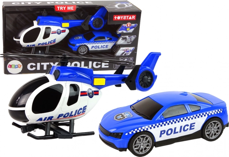 Set de policía: helicóptero y coche con sonido – azul
