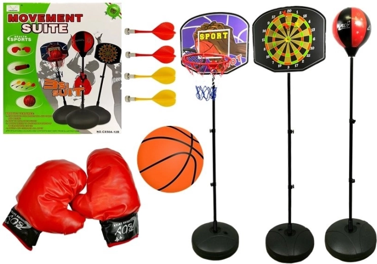 Set deportivo infantil 3 en 1: baloncesto, boxeo y dardos magnéticos