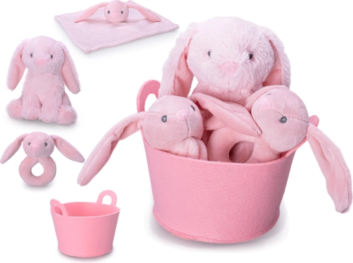 Set de regalo para bebé con conejito de peluche rosa, sonajero y doudou en cestita