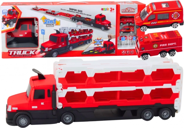 Camión portacoches 2 en 1 con pista de carreras extensible, luces y sonidos – rojo