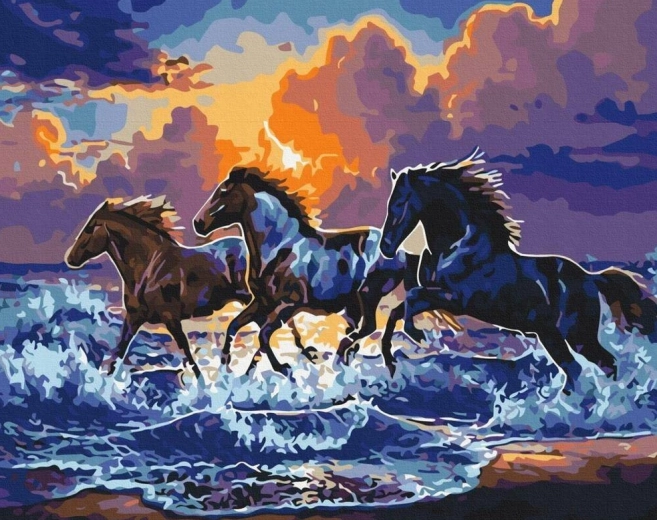 Pintura con diamantes – caballos salvajes en la playa 30 × 40 cm