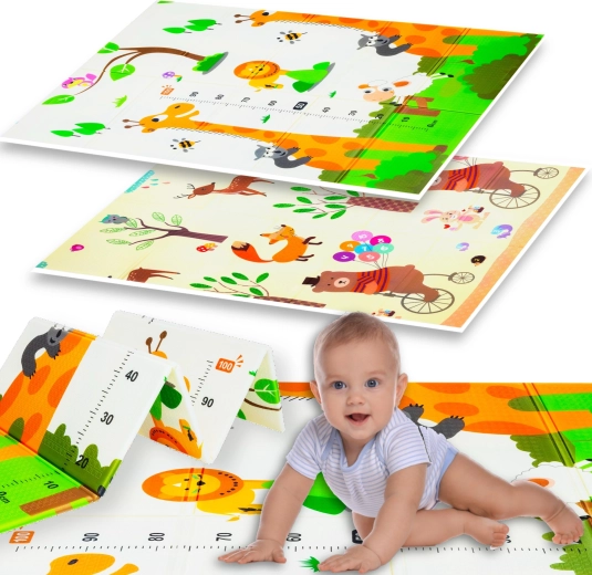 Alfombra infantil plegable de doble cara HUMBI de XPE 120 × 180 × 0,8 cm – animalitos y jirafas con medidor