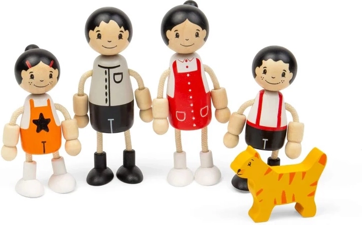 Tidlo muñecos de madera para casita de muñecas: familia asiática con gato