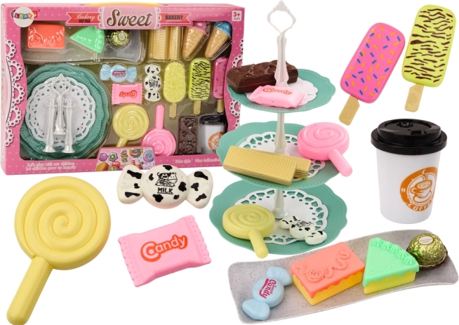 Pastelería y cafetería infantil – set de dulces con bandeja de tres niveles, 25 piezas