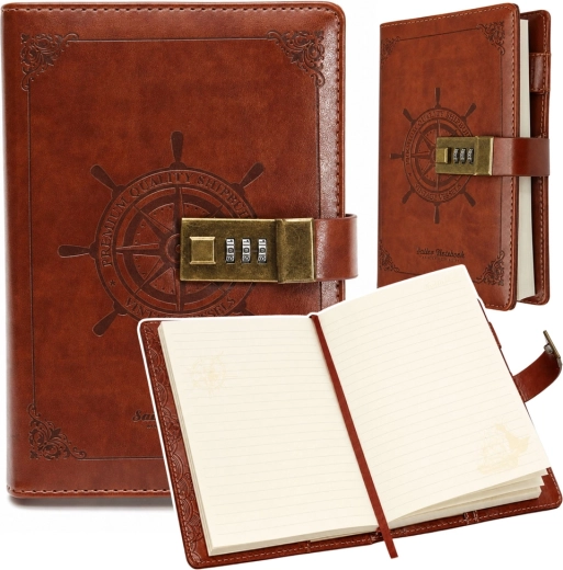 Cuaderno A5 con cierre de combinación, de eco cuero, marrón con timón