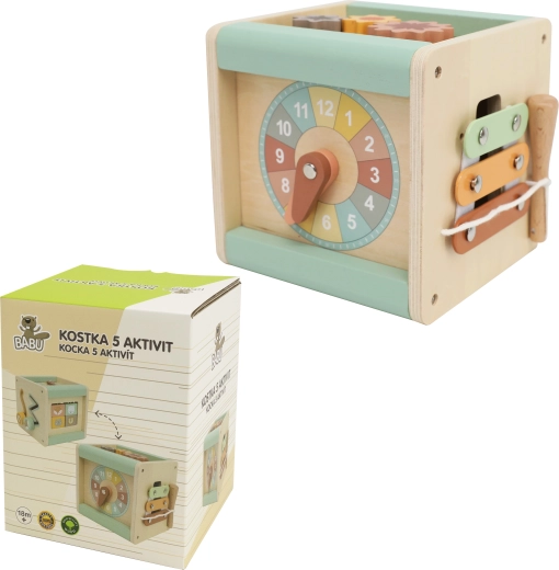Babu pequeño cubo multifuncional de madera con 5 actividades