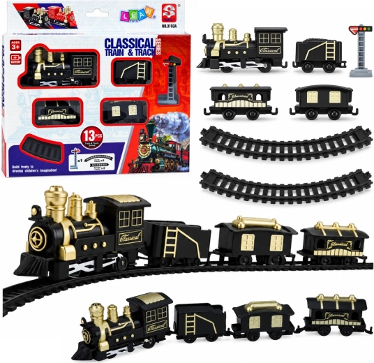 Tren clásico a pilas con locomotora, vagones y vías – 13 piezas