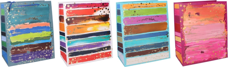Bolsa de regalo M 26 × 32 × 10 cm – para todo el año, rayas de colores y acentos dorados