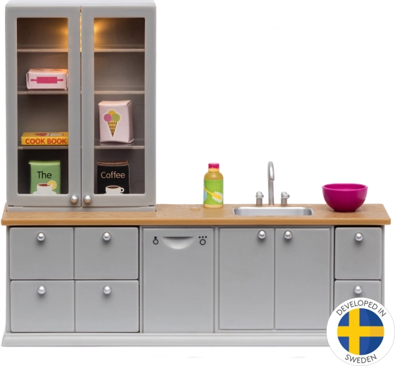 Muebles de cocina para casa de muñecas con aparador y iluminación LED Lundby