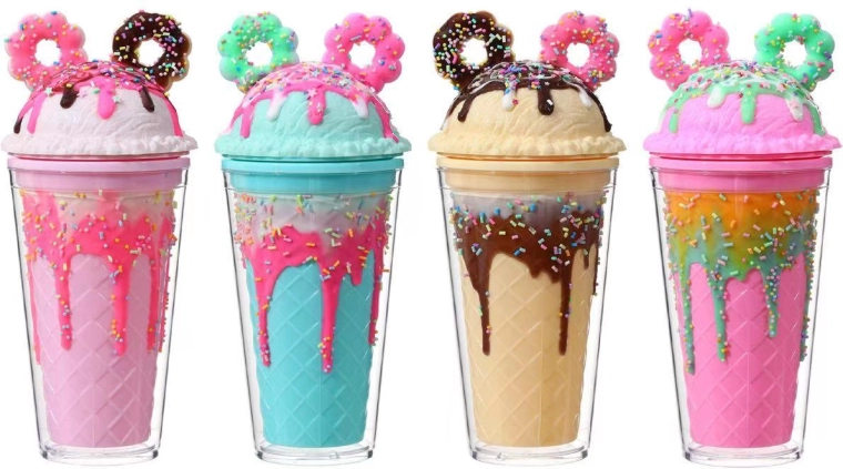 Vaso con tapa y pajita, donuts con virutas, 350 ml