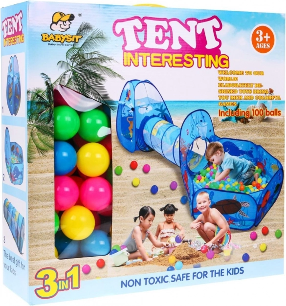 Parque infantil 3 en 1: tienda pop-up con túnel, piscina de bolas seca y pelotas con canasta