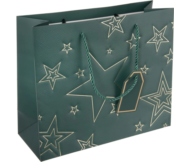 Bolsa de regalo de papel con motivo de estrella, verde, 31 × 12 × 26 cm