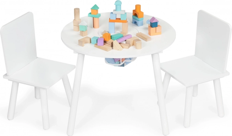 Mesa infantil blanca con dos sillas ecotoys con red para juguetes
