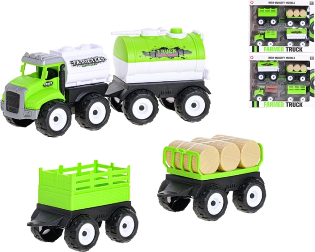 Set de coche de granja con mecanismo de inercia y tres remolques