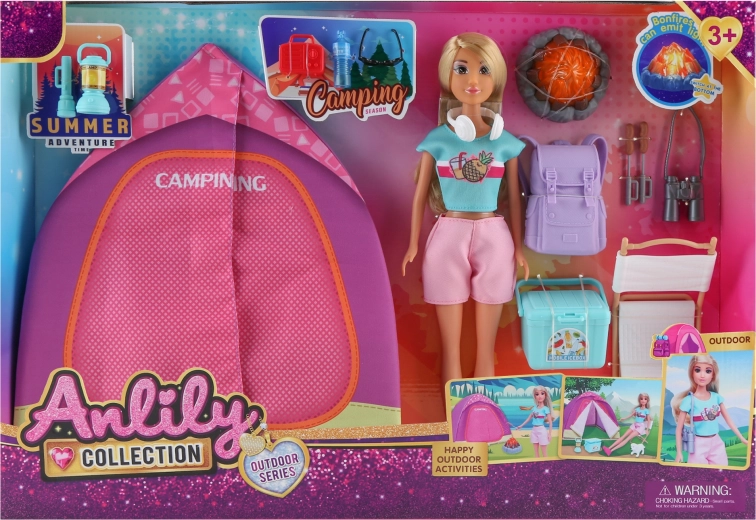 Muñeca con tienda de campaña y fogata luminosa 30 cm