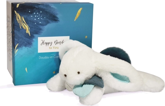Set de regalo DOUDOU – conejito de peluche con pompón azul marino 25 cm
