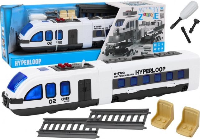 Tren de pasajeros DIY con sonidos y luces: kit de construcción con vías de montaje