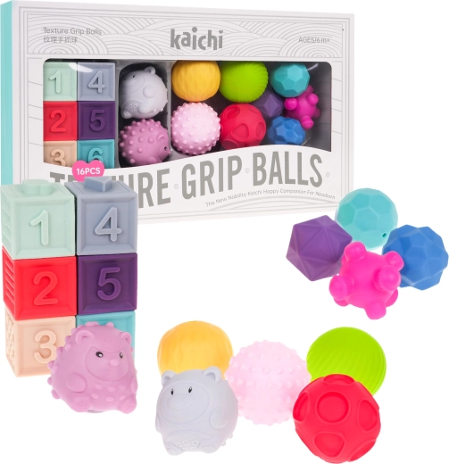 Set sensorial de espuma para niños 6m+ – pelotas, cubos y animalitos, 16 piezas