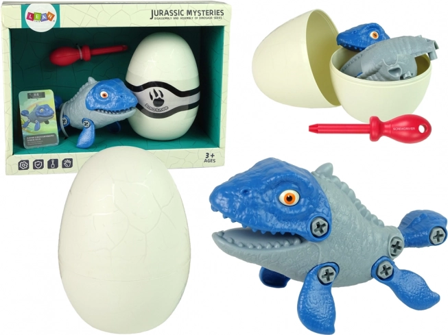 Set de dinosaurio mosasaurio con huevo DIY con destornillador – azul