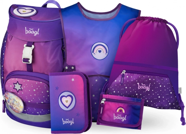 Set escolar Caballos Corazón: mochila, estuche, bolsa, delantal, monedero