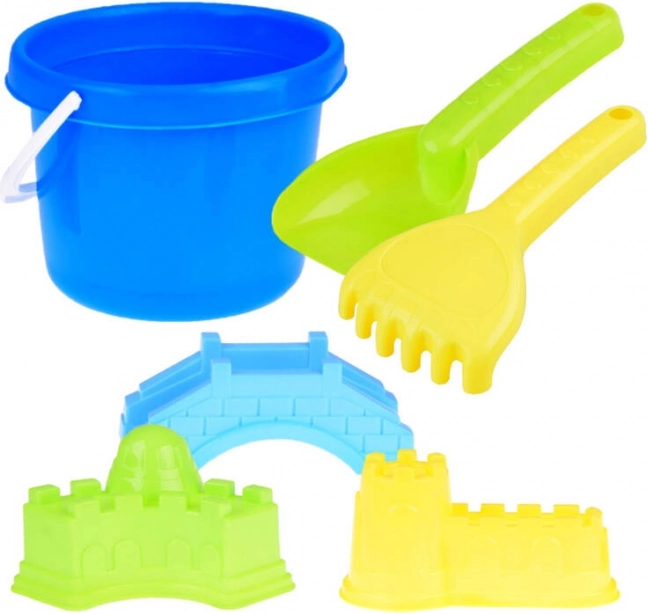 Set de playa para arena con cubo, pala, rastrillos y moldes