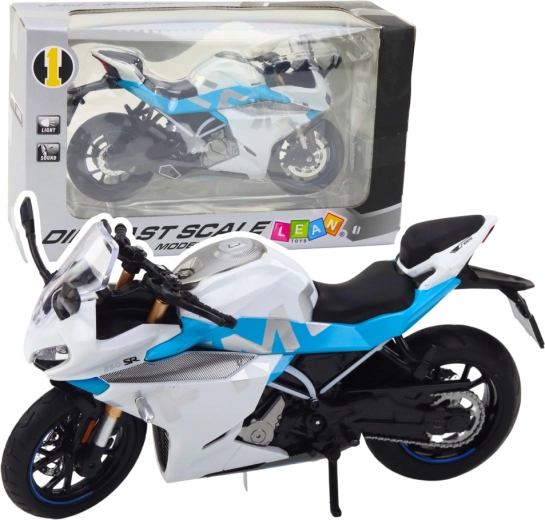 Motocicleta deportiva metálica 1:12 con luces y sonidos – blanco-azul
