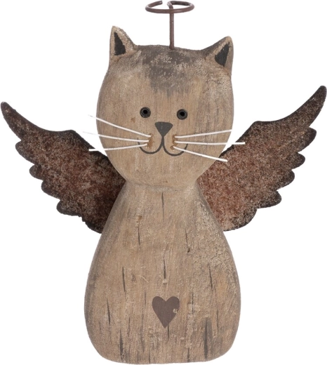 Gato decorativo ángel de paulownia y metal, beige