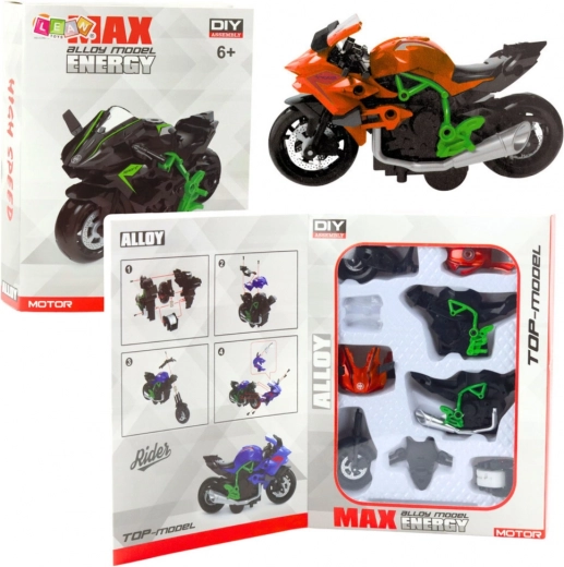 Motocicleta metálica para montar 1:14 verde‑naranja DIY