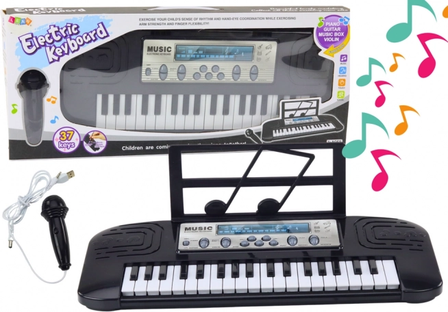 Pianito eléctrico para niños con soporte y micrófono – negro