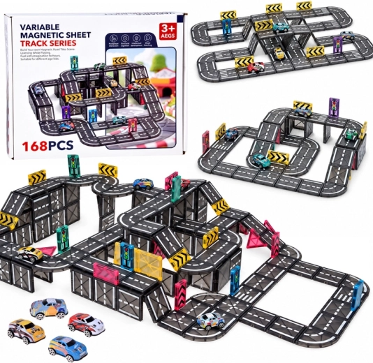 Circuito de carretera magnético con 168 piezas, 4 coches y señales de tráfico