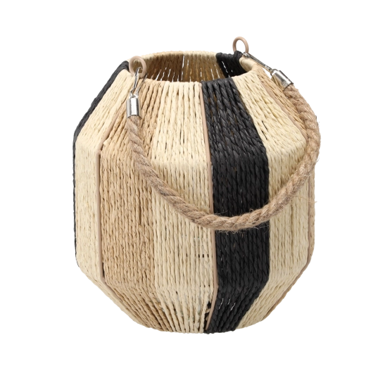 Farol boho con diseño de rayas e inserto de vidrio, altura 23–25 cm