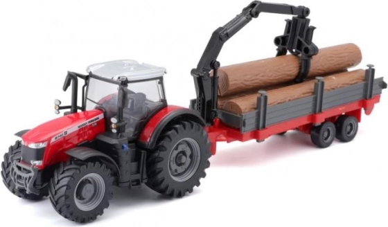 Bburago Farmland tractor MASSEY FERGUSON 8740S con cargador y remolque para madera 10 cm