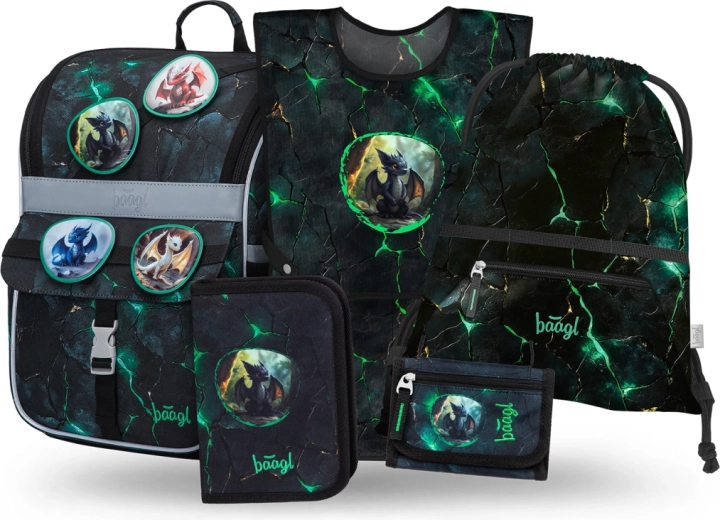 Set escolar Baagl Zippy Dragones: mochila escolar, estuche, bolsa, delantal y monedero