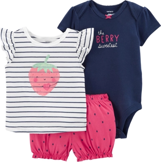 Set de 3 piezas para bebé Carter's Strawberry Stripes: body, camiseta y shorts