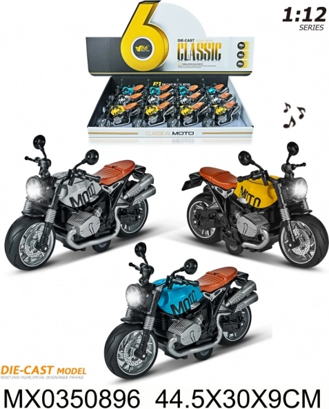 Motocicleta 1:12 con luz y sonido, marcha atrás y maletero abatible