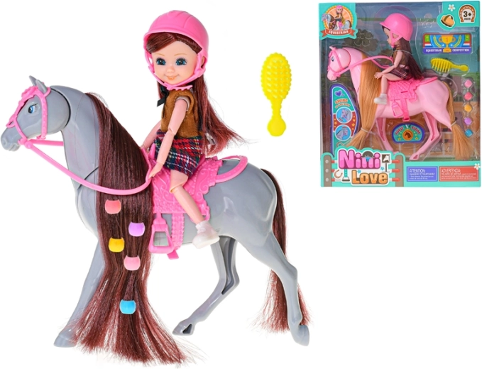 Muñeca amazona con caballo y accesorios