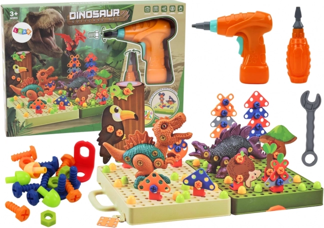 Juego de construcción 3D de dinosaurios con taladro en maletín