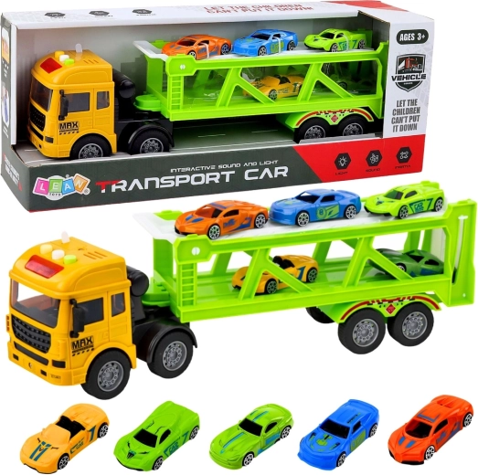 Conjunto de grúa de transporte verde con cochecitos con luces y sonidos