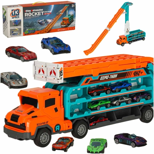 Camión portacoches: transportador de autos con pista de carreras de doble carril, naranja