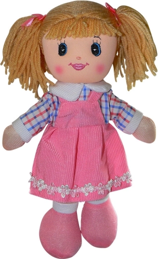 Muñeca de tela de 30 cm con vestido rosa oscuro y mangas azules