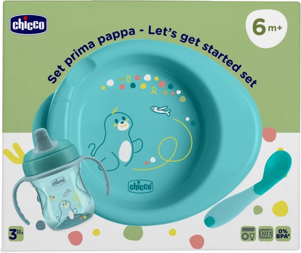 Chicco set inicial de alimentación: plato, vaso de entrenamiento y cuchara azul 6m+